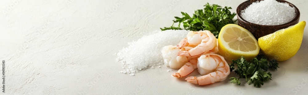 Shrimps with lemon, parsley and salt on white surface. Shrimps with lemon, parsley and salt on white surface.