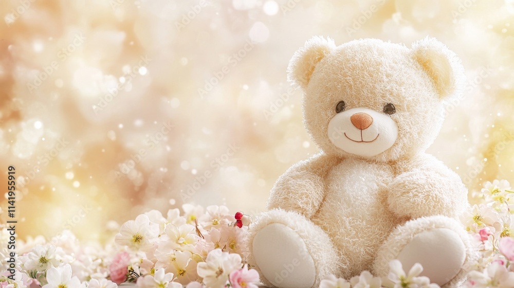 Cream Teddy Bear Among Delicate Spring Blossoms Cream Teddy Bear Among Delicate Spring Blossoms