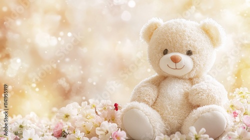 Cream Teddy Bear Among Delicate Spring Blossoms