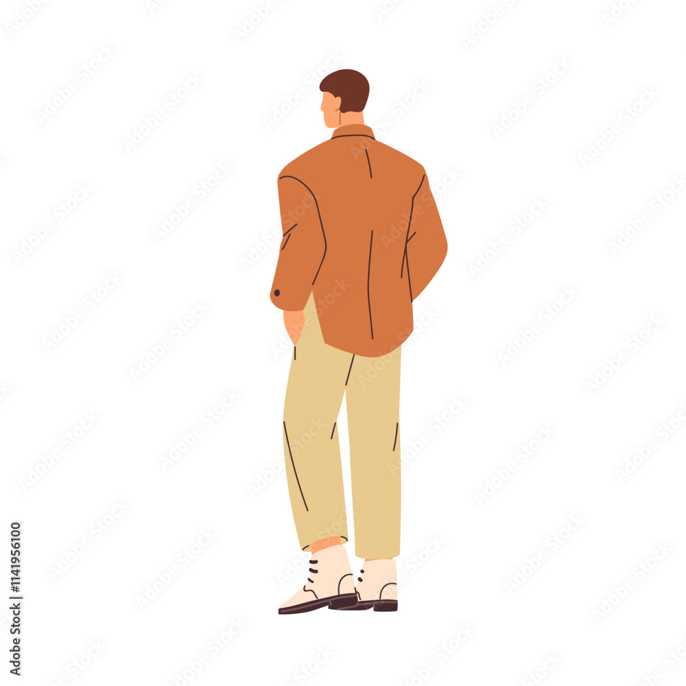Fototapeta premium Business man walking, going away, from behind. Back rear view, male employee, hands in pockets, leaving. Manager in modern stylish outfit. Flat vector illustration isolated on white background
