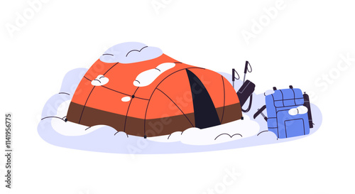 Campsite, campground during winter travel in mountains, alpinism. Tent with hiking equipment on snow rock for camping while mountaineering. Flat isolated vector illustration on white background