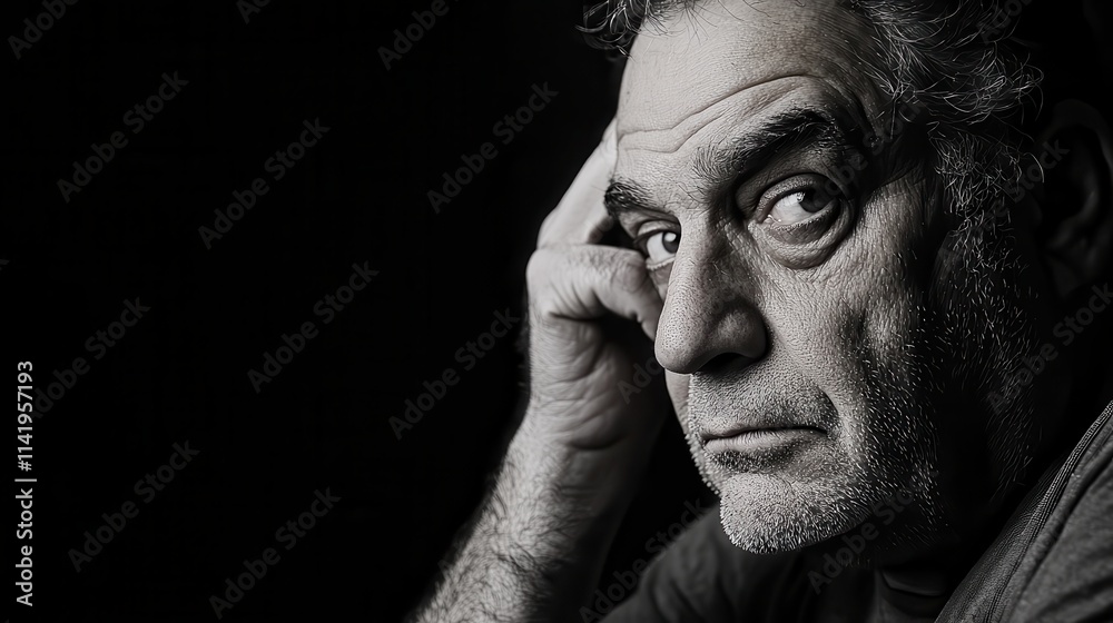 Fototapeta premium A man resting his head in his hand, showing signs of mental and physical fatigue