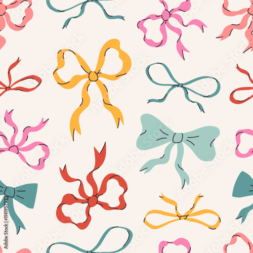 Vector seamless pattern with hand drawn colorful bow knots, gift bows. Cute holiday background. Wedding celebration print, party decoration, wrapping paper, textile design.