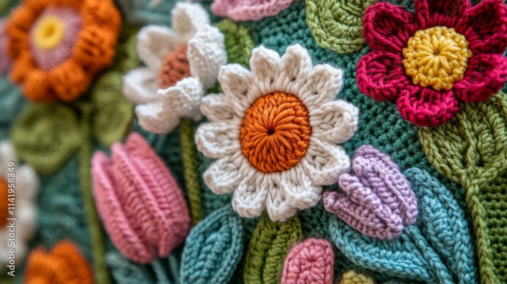 Crochet Floral Garden Wall Hanging Featuring Daisies Tulips And Other Blooms Crochet Floral Garden Wall Hanging Featuring Daisies Tulips And Other Blooms