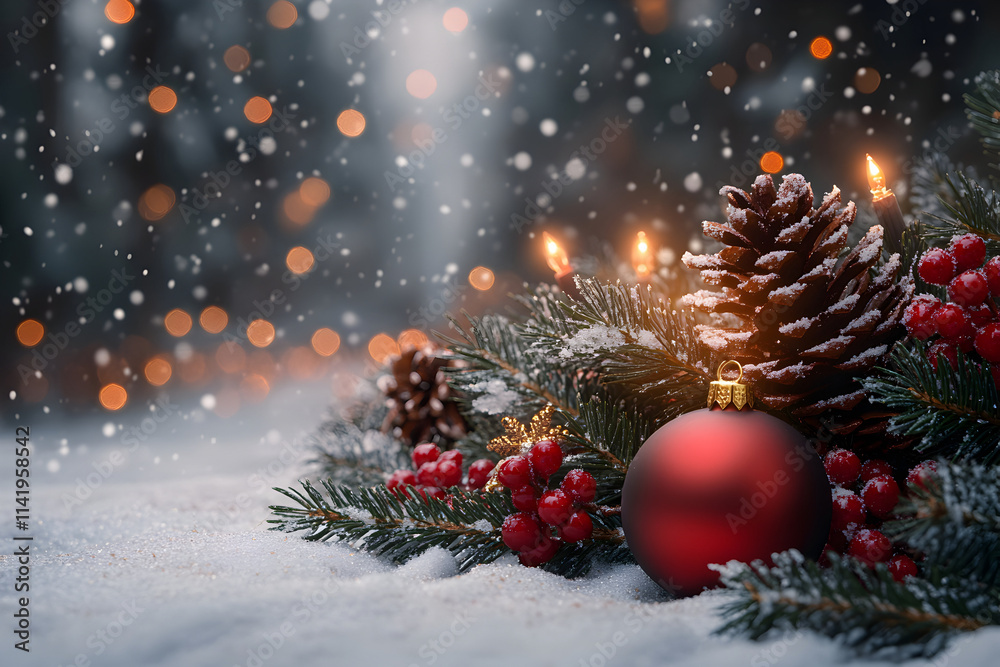 Festive winter wonderland featuring pinecones, holiday ornaments, and soft snowflakes lighting up a cozy atmosphere Festive winter wonderland featuring pinecones, holiday ornaments, and soft snowflakes lighting up a cozy atmosphere