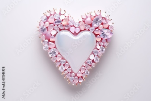 Heart shaped decoration adorned with pink and white crystals and pearls evokes feelings of love, affection, and romance