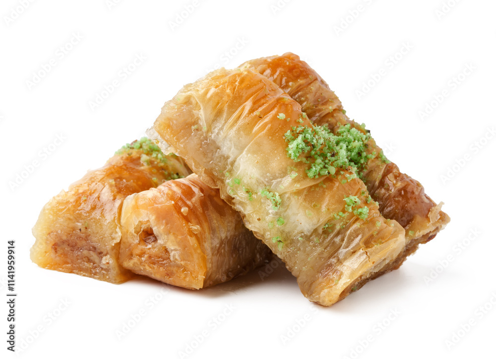 Delicious baklava pastry with nuts and syrup on a clean white background Delicious baklava pastry with nuts and syrup on a clean white background