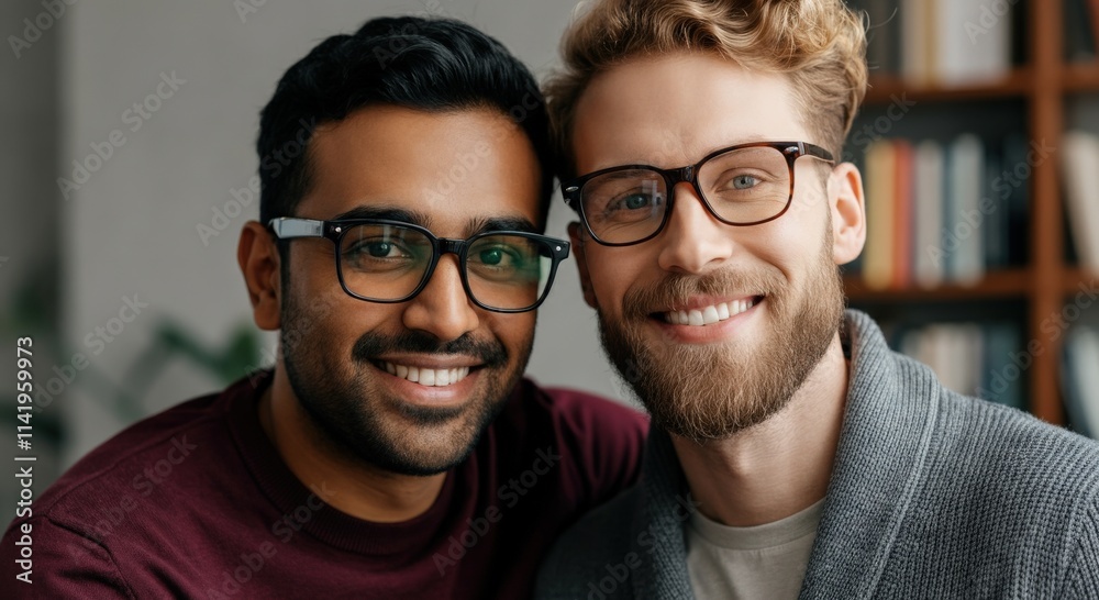 Diverse friendship and togetherness featuring young south asian and caucasian males with glasses Diverse friendship and togetherness featuring young south asian and caucasian males with glasses