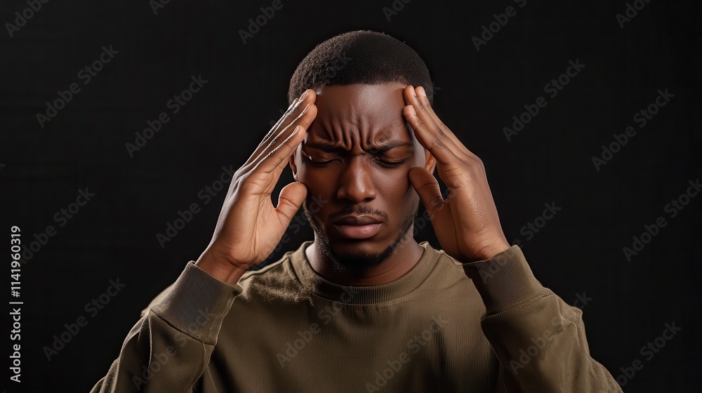 A man touching his temple, visibly stressed and experiencing discomfort from a migraine A man touching his temple, visibly stressed and experiencing discomfort from a migraine