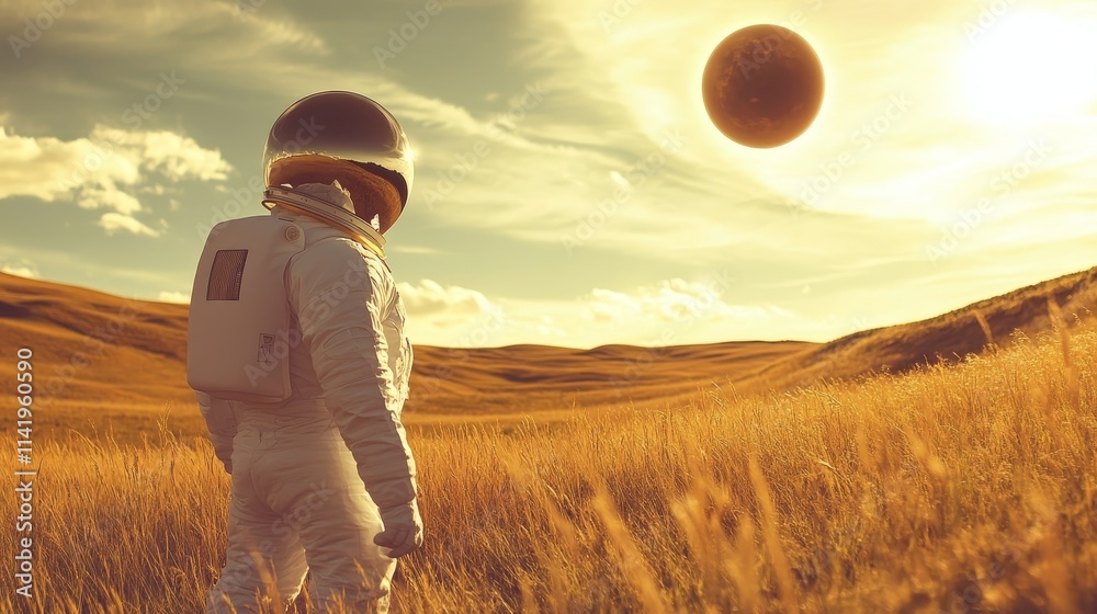 Astronaut in white suit gazes at reflective orb in golden field under a bright sunlit sky