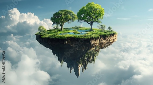 Floating Island Paradise: A Digital Painting of Lush Nature Above the Clouds. AI Generated photo