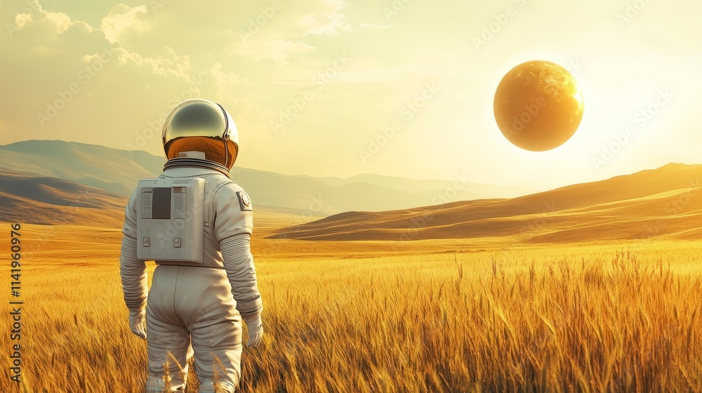Astronaut in white suit gazes at reflective orb in golden field under bright sunlight Astronaut in white suit gazes at reflective orb in golden field under bright sunlight