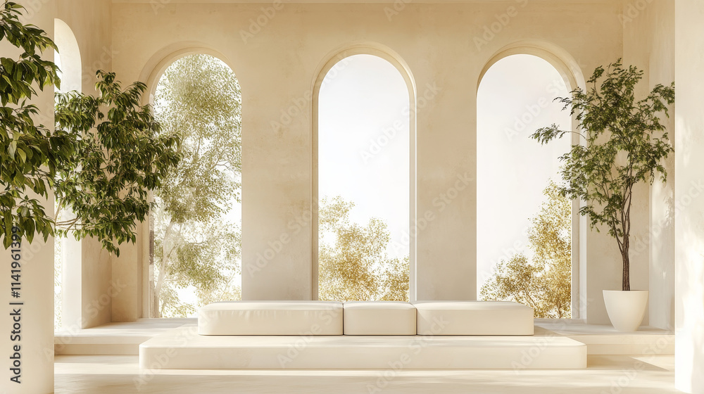 Fototapeta premium living area is adorned in soft beige tones, complemented by stylish furniture and accents that emphasize comfort and sophistication. Green plants are thoughtfully placed, bringing a touch of nature in