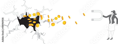 Smart businesswoman holding a magnet to suck gold coins out of a trap and take out lost money, business investment and business skills, business concept illustration