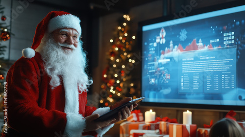 Santa claus celebrating christmas with technology in a festive living room engaging with data and joyful atmosphere