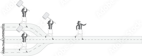 Three managers with hammers hitting runaway small businesswoman, pressure, government and politics