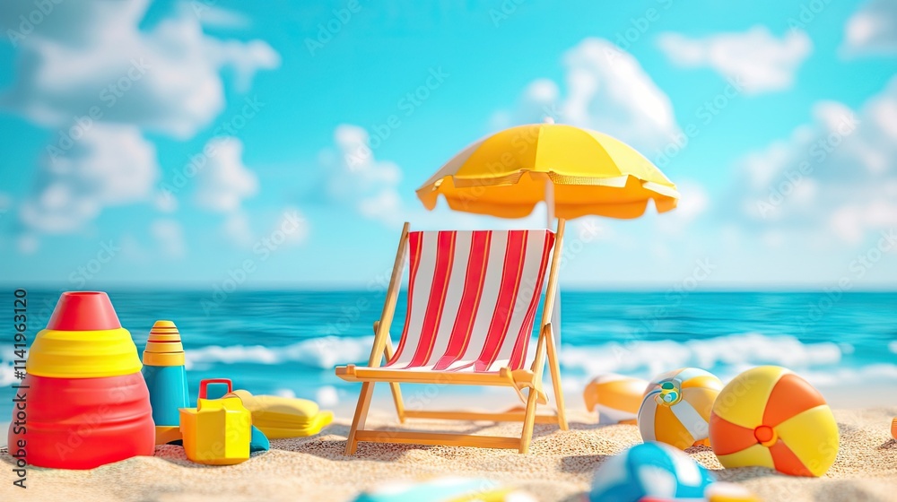 A beach chair and sun umbrella surrounded by colorful beach toys, perfect for a family day out. A beach chair and sun umbrella surrounded by colorful beach toys, perfect for a family day out.