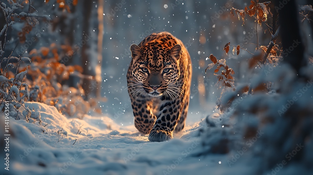 Majestic Leopard Walking Through Snowy Winter Forest Majestic Leopard Walking Through Snowy Winter Forest