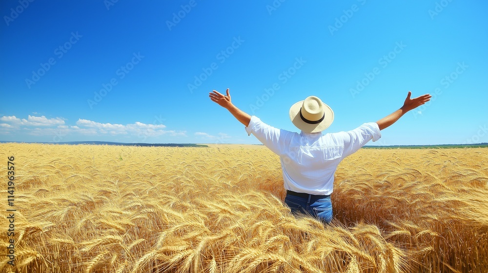 powerful figure standing in a field of golden wheat under a clear blue sky, symbolizing freedom, prosperity, and career triumph powerful figure standing in a field of golden wheat under a clear blue sky, symbolizing freedom, prosperity, and career triumph