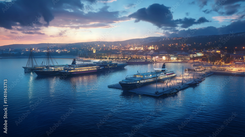 The lively harbor of Canakkale at dusk, the mooring of boats and ferries, the soft evening light with twinkling city lights in the background