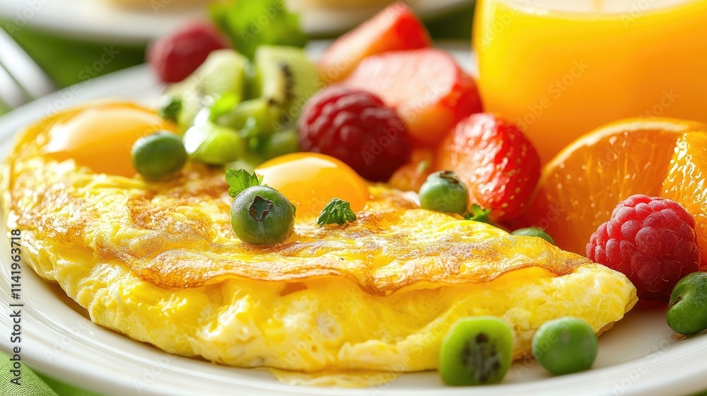 A breakfast platter featuring an omelet, freshly squeezed orange juice, and a colorful fruit salad A breakfast platter featuring an omelet, freshly squeezed orange juice, and a colorful fruit salad