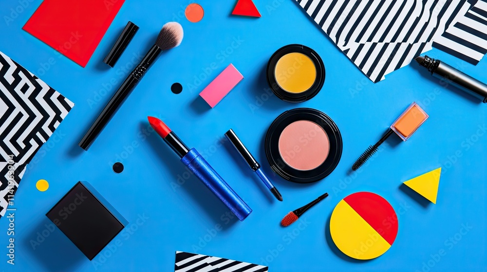 A bold and colorful flat lay of makeup products arranged in geometric patterns on a cobalt blue background A bold and colorful flat lay of makeup products arranged in geometric patterns on a cobalt blue background