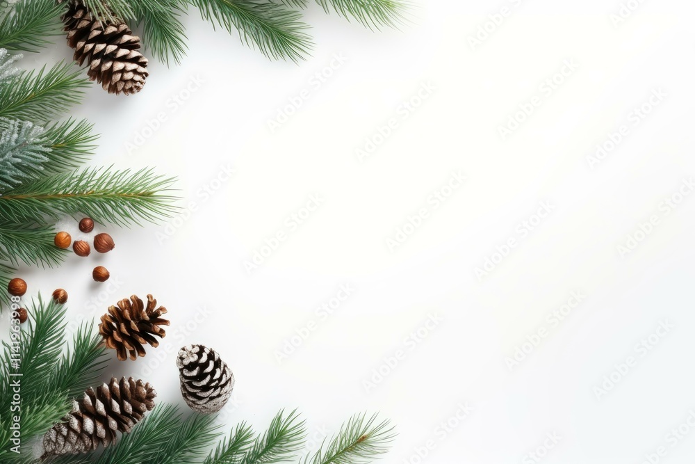 Christmas composition forming a festive border with pine cones, fir branches and hazelnuts on a white background providing copy space Christmas composition forming a festive border with pine cones, fir branches and hazelnuts on a white background providing copy space