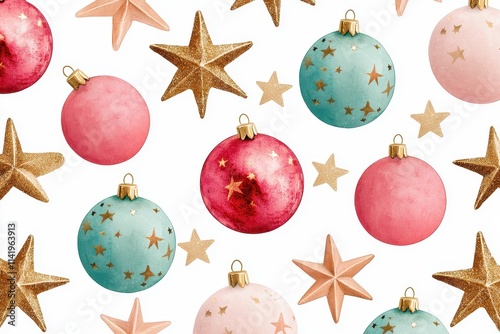 Colorful Christmas ornaments and stars arranged on a white background, creating a festive and cheerful holiday aesthetic.