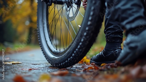 Cyclist repairing bicycle tire outdoors in autumn