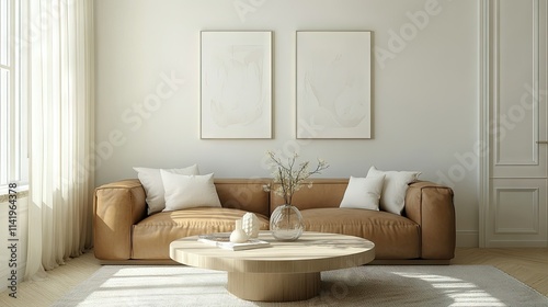 A bright Scandinavian-style interior with a tan leather sofa, a round coffee table, and neutral decor