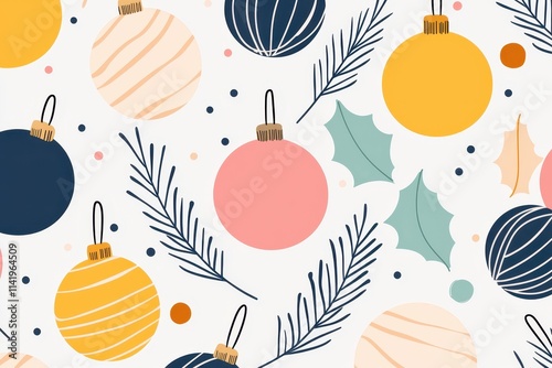 Wallpaper Mural A festive pattern featuring colorful Christmas ornaments, holly leaves, and playful dots, creating a joyful holiday atmosphere. Torontodigital.ca