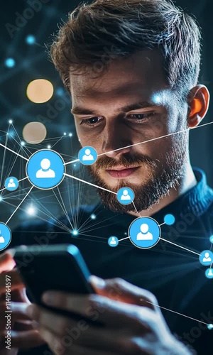 Man using smartphone, network connection graphic overlay.