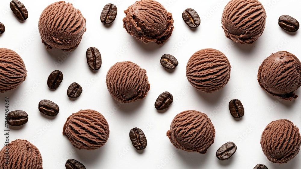 Decadent Chocolate Ice Cream Scoops Surrounded by Coffee Beans on a Clean White Surface, Perfect for Dessert and Culinary Themed Projects