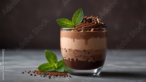 Mocha mousse dessert in an elegant glass cup with delicate chocolate shavings and a sprig of fresh mint. photo