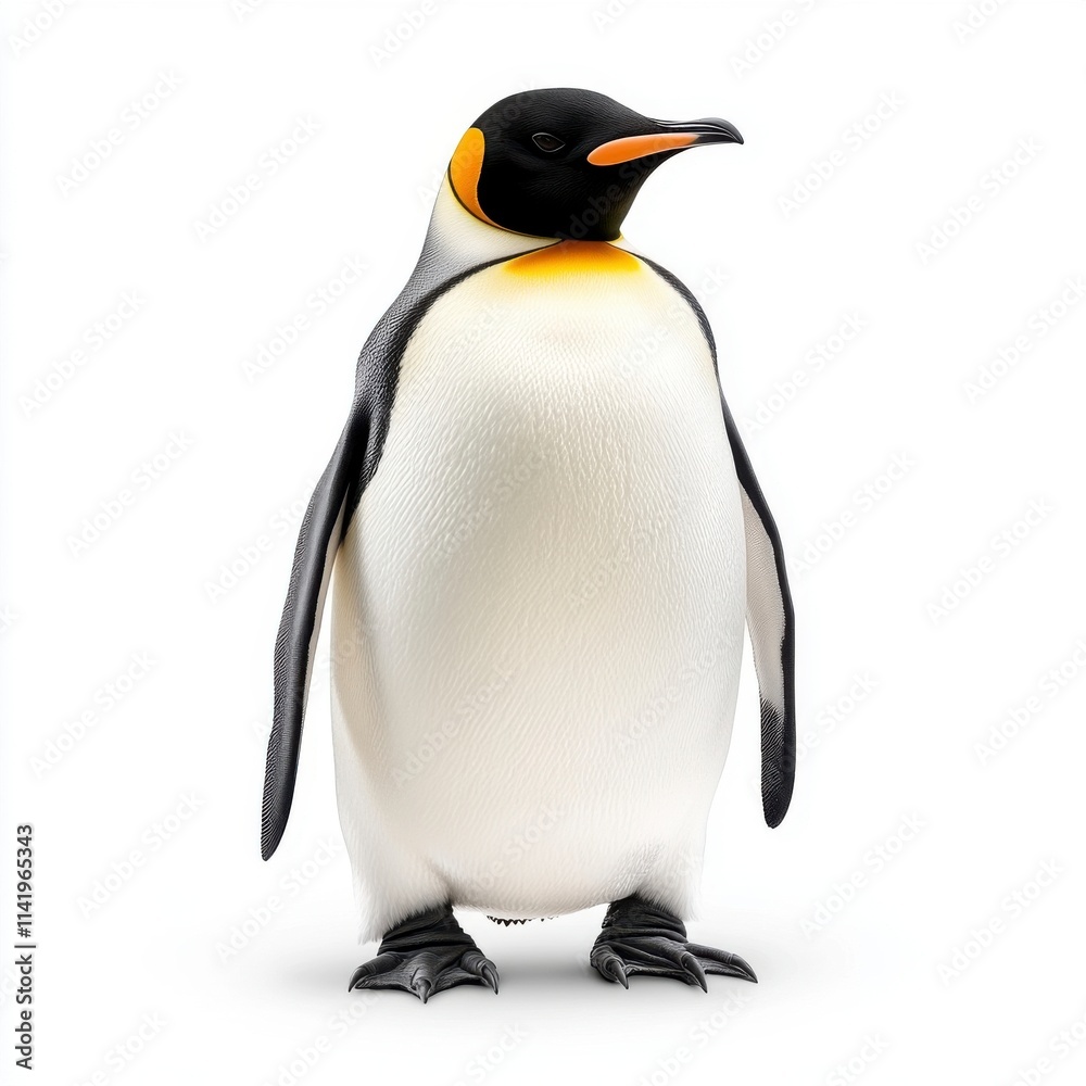 Fototapeta premium Majestic Emperor Penguin Standing Proudly on a Snowy Landscape with a Smooth Feathered Coat and Striking Orange Accents Against a Bright Background