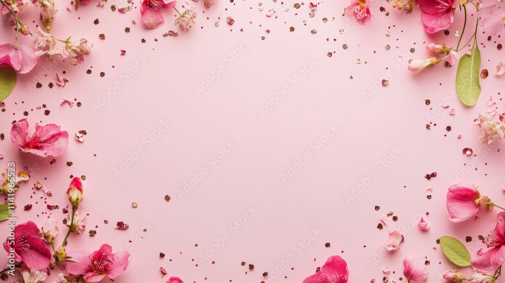 Floral border frame on a pink surface with copy space. Floral border frame on a pink surface with copy space.