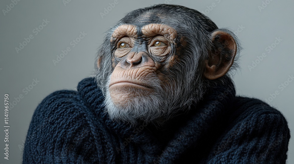 Thoughtful Portrait of a Monkey in a Cozy Sweater Captured in Soft Lighting, Showcasing Intricate Facial Features and Unique Expressions Thoughtful Portrait of a Monkey in a Cozy Sweater Captured in Soft Lighting, Showcasing Intricate Facial Features and Unique Expressions