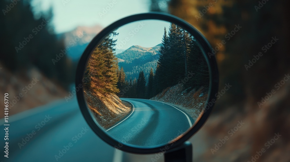 A close-up of a spherical road mirror showing a sharp curve in a mountain road with trees in the background A close-up of a spherical road mirror showing a sharp curve in a mountain road with trees in the background