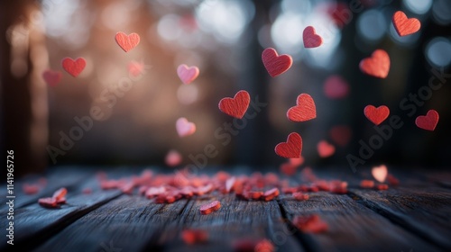 Wooden hearts falling onto rustic wooden surface