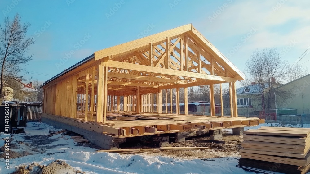Wooden Frame House Under Construction In Winter Wooden Frame House Under Construction In Winter