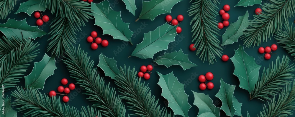 A festive pattern featuring green holly leaves and red berries, evoking a cheerful holiday spirit. A festive pattern featuring green holly leaves and red berries, evoking a cheerful holiday spirit.
