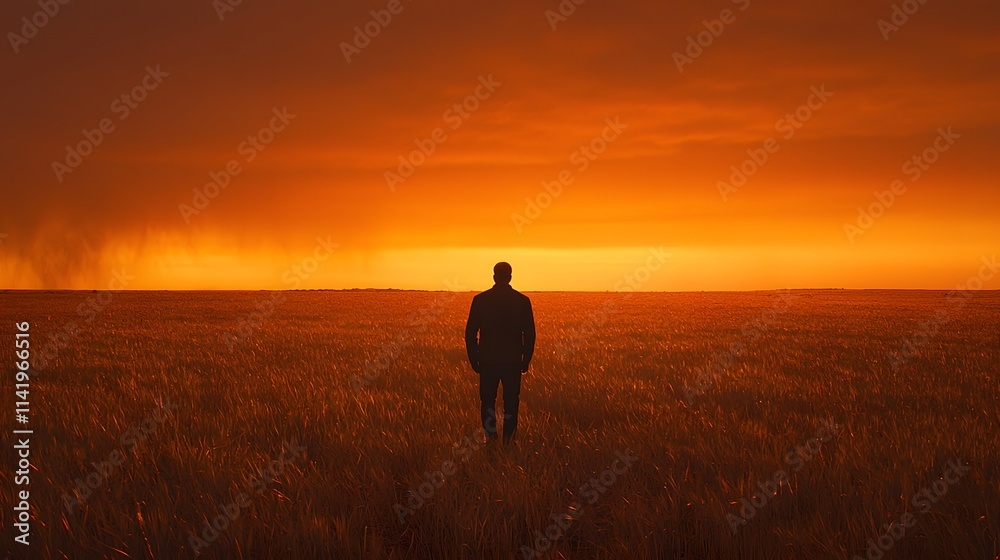 Silhouette of a man walking across a golden field at sunset. Silhouette of a man walking across a golden field at sunset.