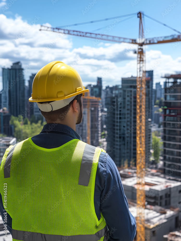A construction worker in a yellow helmet and safety vest observes a construction site with cranes and a high-rise building under development in the background. A construction worker in a yellow helmet and safety vest observes a construction site with cranes and a high-rise building under development in the background.