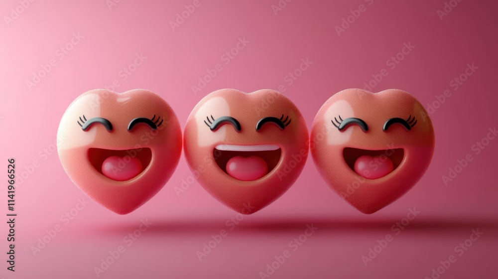 Three happy heart-shaped emoji faces, floating in a soft pink background. Three happy heart-shaped emoji faces, floating in a soft pink background.