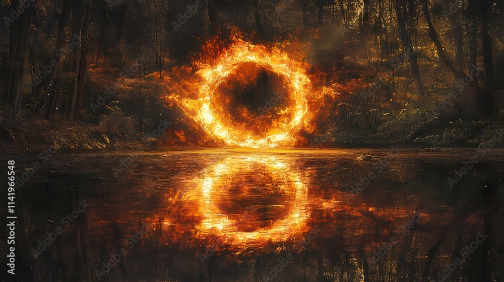 Enigmatic Circular Flame Reflected in Tranquil Forest Pond at Dusk, Creating a Mystical and Otherworldly Atmosphere in Nature's Embrace Enigmatic Circular Flame Reflected in Tranquil Forest Pond at Dusk, Creating a Mystical and Otherworldly Atmosphere in Nature's Embrace