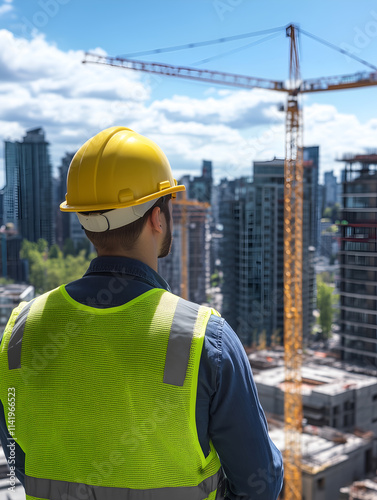  A construction worker in a yellow helmet and safety vest observes a construction site with cranes and a high-rise building under development in the background.