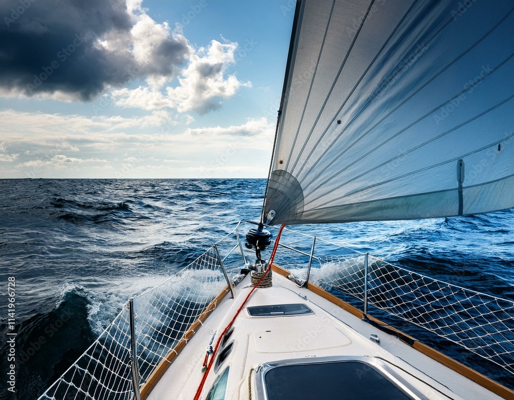 Obraz premium Bow of a Sailing Boat Navigating Rough Ocean Waters