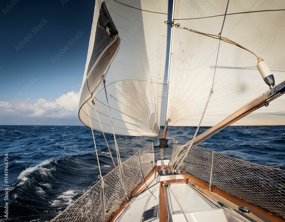 Fototapeta premium Bow of a Sailing Boat Navigating Rough Ocean Waters