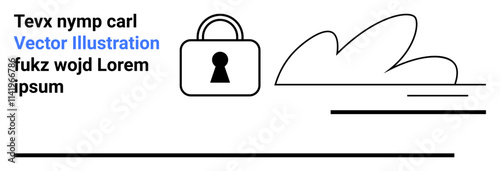 Lock icon representing security beside abstract cloud line art and placeholder text. Ideal for data protection, cybersecurity, privacy awareness, cloud storage, digital safety, network security