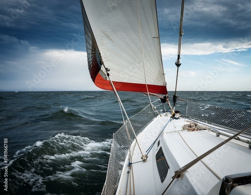 Bow of a Sailing Boat Navigating Rough Ocean Waters